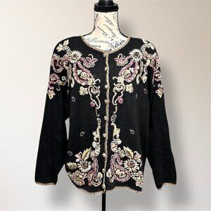 Heirloom Collectibles L Black Floral Embroidered Cardigan Boho Cottage Y2K NWT